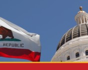 Image of California state legislature and California state flag