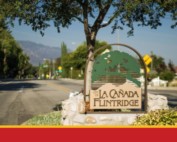 Street median in the City of La Cañada Flintridge with sculpture of La Cañada Flintridge logo