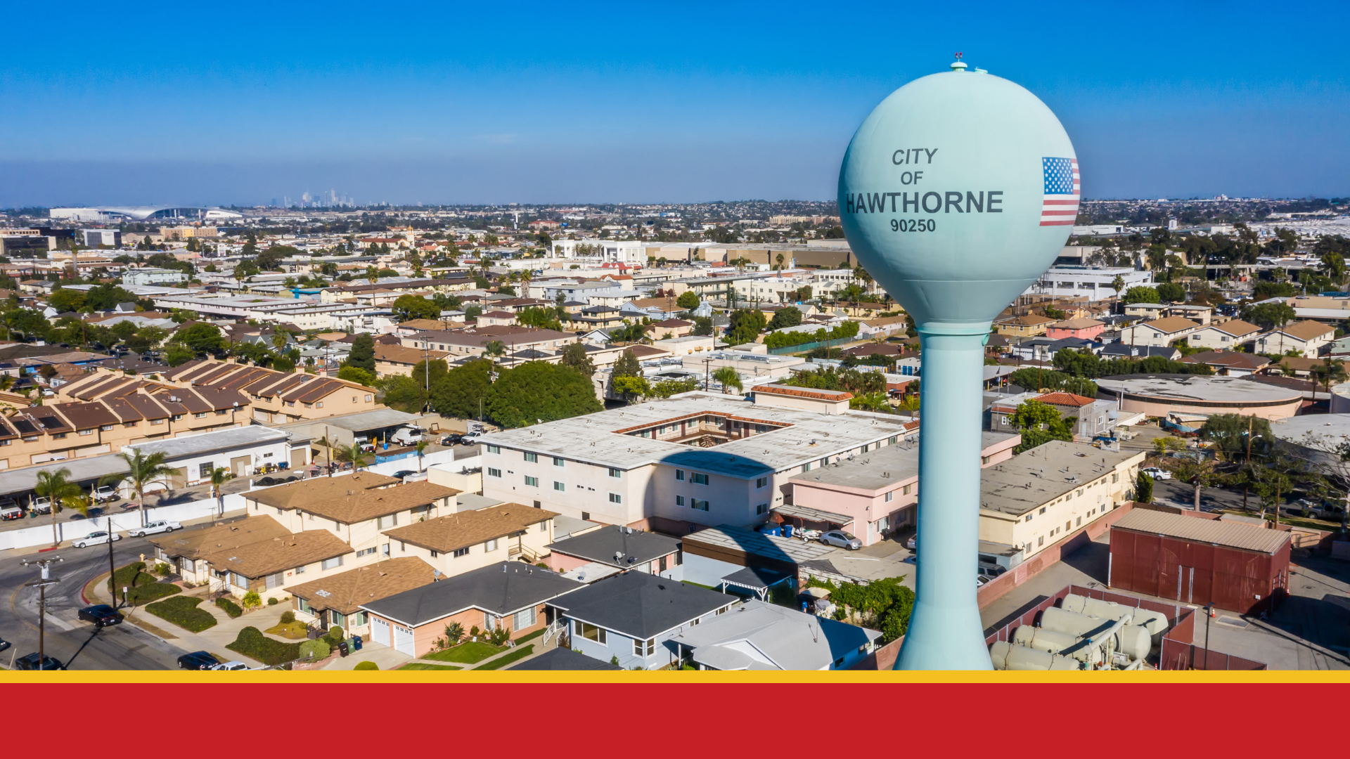 Aerial image of the City of Irvine with water tower in foreground