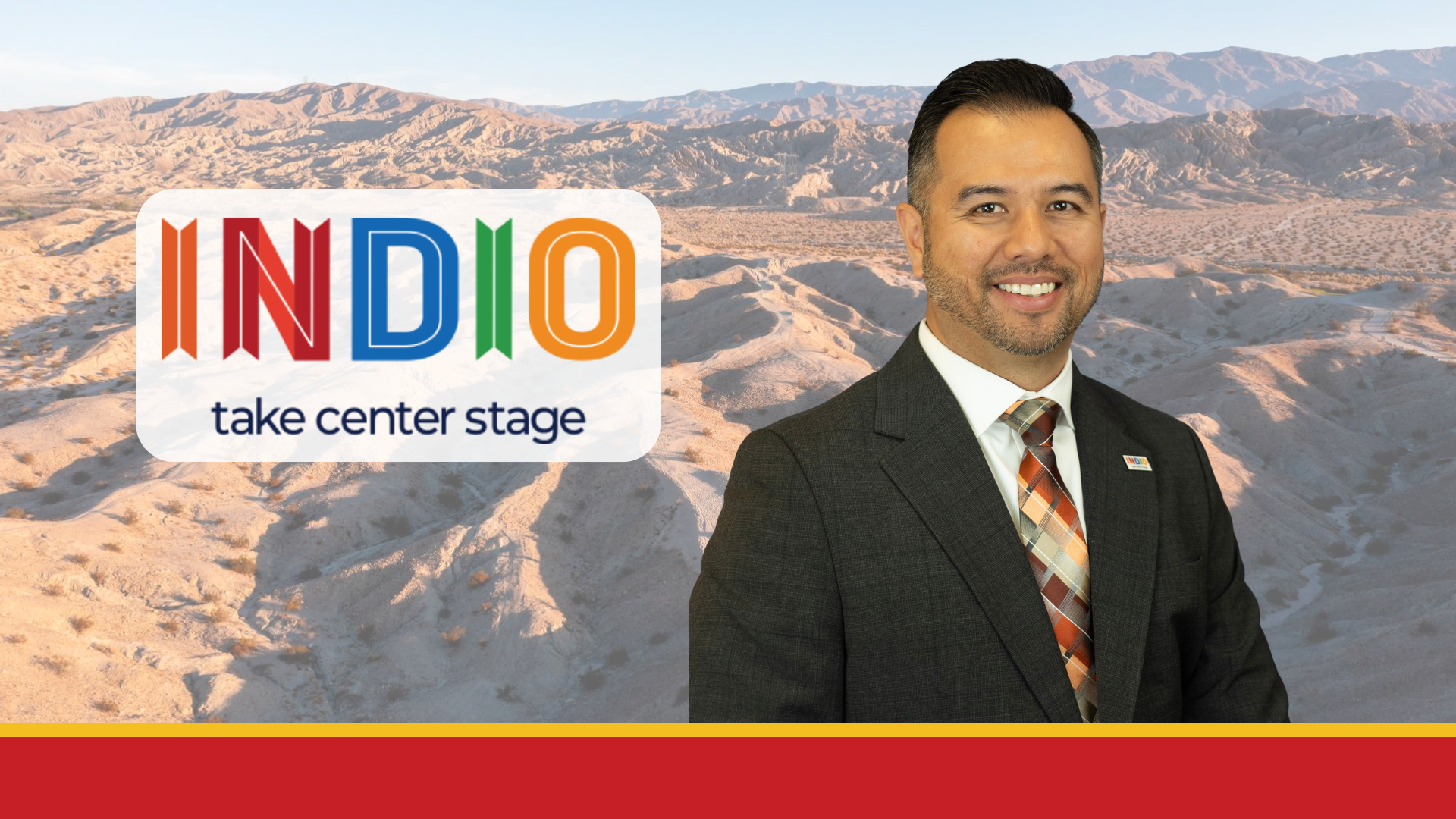 Indio City logo next to a headshot of city manager Jonathan Nicks