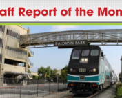 Image of the Baldwin Park Metrolink station, with a top banner displaying "Staff Report of the Month"