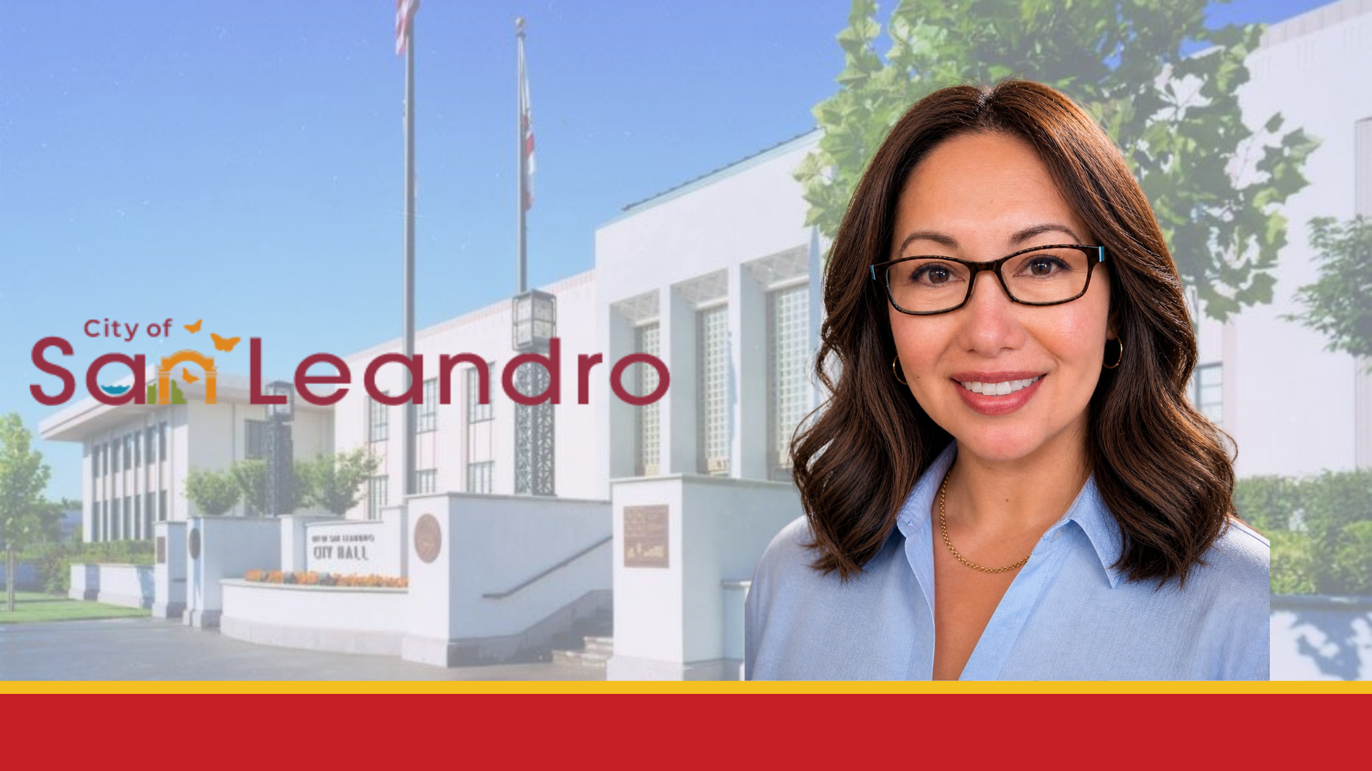 Woman in glasses and blue button up next to the City of San Leandro logo and backdrop of a white building with three flags